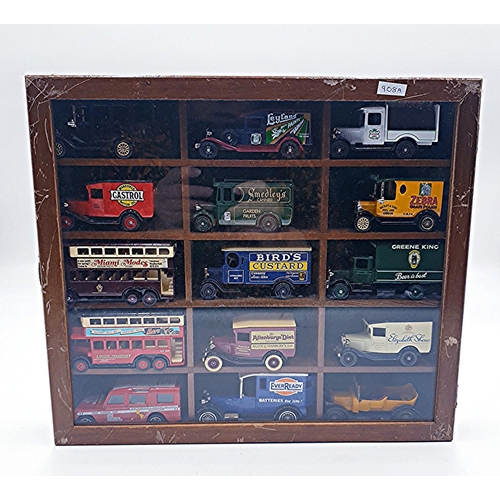 57 - WOODEN 33.5cm x 29.5cm WALL HANGING DISPLAY CABINET CONTAINING 15 Assorted DIE CAST CARS/VANS.
(Plea... 