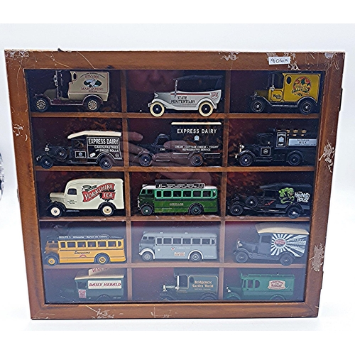 59 - WOODEN 33.5cm x 29.5cm WALL HANGING DISPLAY CABINET CONTAINING 15 Assorted DIE CAST CARS/VANS.
(Plea... 