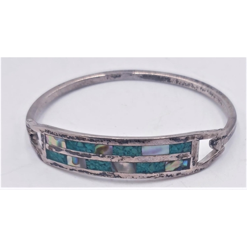 27 - MEXICAN SILVER BANGLE INLAID With MALACITE & MOTHER OF PEARL