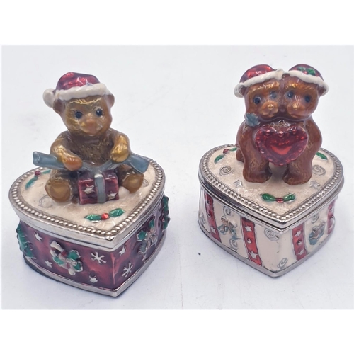 677 - ENAMEL CHRISTMAS TEDDY BEAR HINGED LIDDED TRINKET BOXES (2)