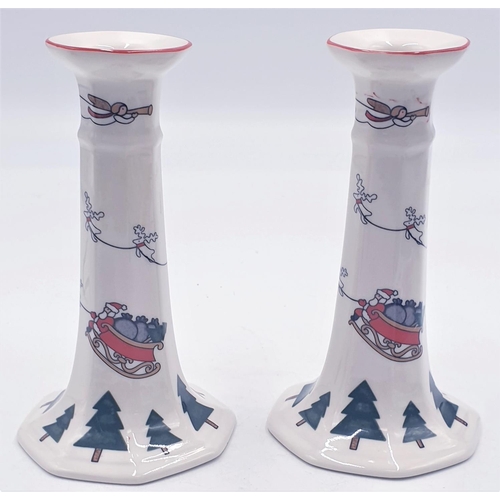 687 - MASON'S IRONSTONE 16.5 cm CANDLESTICKS (2) IN THE CHRISTMAS VILLAGE DESIGN