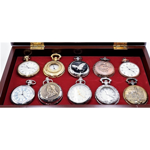 181 - POCKET WATCHES (10) (All Found To Be Working When Photographed) MOUNTED IN A WOODEN 30 cm x 17 cm FR... 