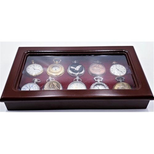 181 - POCKET WATCHES (10) (All Found To Be Working When Photographed) MOUNTED IN A WOODEN 30 cm x 17 cm FR... 