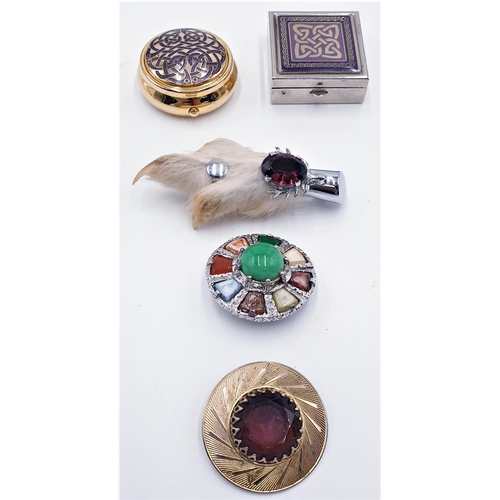 225 - CELTIC DESIGN PILL BOXES (2) & SCOTTISH BROOCHES (3)