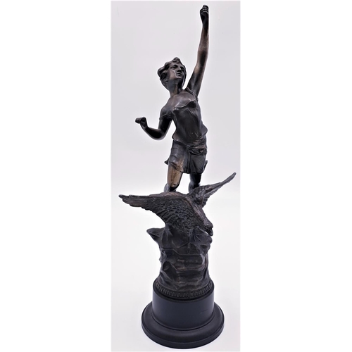 50 - COLD CAST BRONZE 37cm FIGURINE OF A GIRL ON BACK OF AN EAGLE MOUNTED ON A BAKELITE BASE (Old)