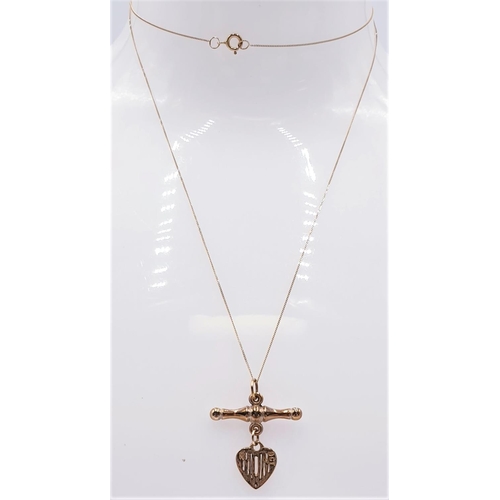 52 - 9ct GOLD (Stamped 9ct) T-BAR 'MUM' HEART PENDANT On A 48 cm FINE 9ct GOLD NECK CHAIN  (Total Weight ... 