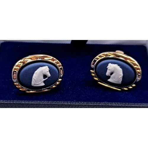 82 - WEDGWOOD DARK BLUE JASPER WARE HORSE DESIGN CUFFLINKS  (Original Box)