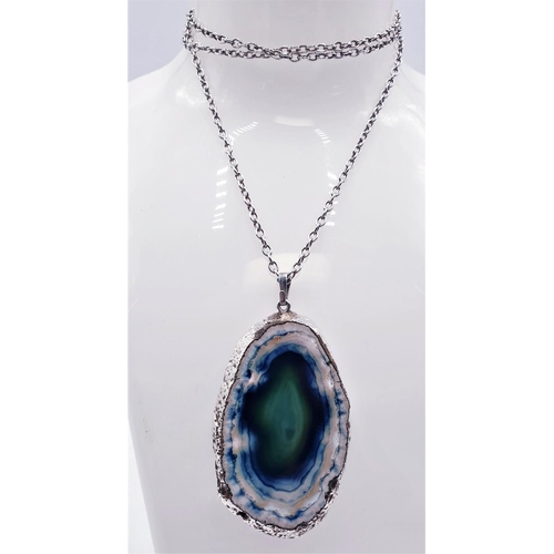 148 - SILVER (Stamped Sterling) 60cm  CHAIN With RAW BLUE AGATE PENDANT