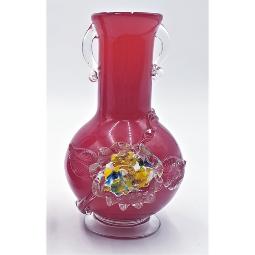 154 - CHINESE PLUM BLOSSOM GLASS 19.5cm RED VASES (2)