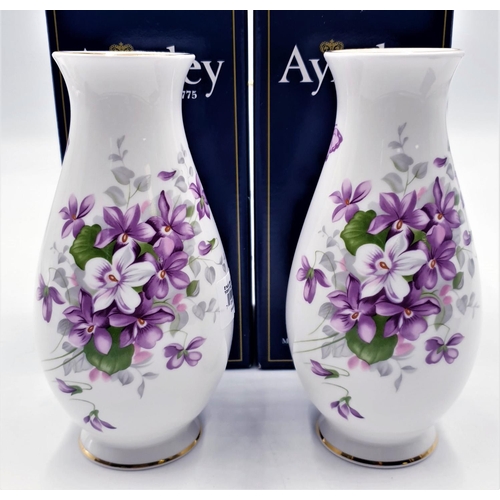 30 - AYNSLEY CHINA YORK 16cm VASES (2) IN THE ENGLISH VIOLETS DESIGN (Both Original Boxes)