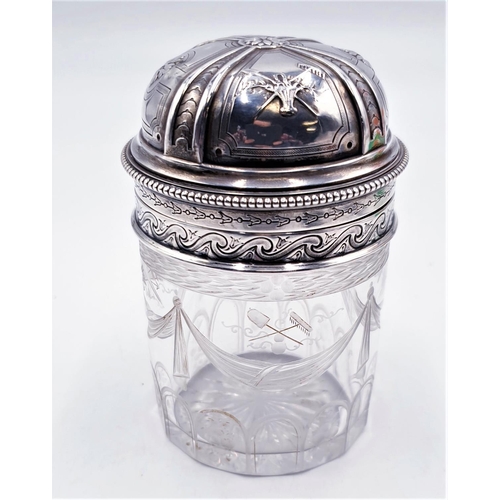 4 - SILVER LIDDED (Hand Etched) GLASS JAR (Hallmarks Are Possibly French,Inside Covered With Gold Gilt (... 