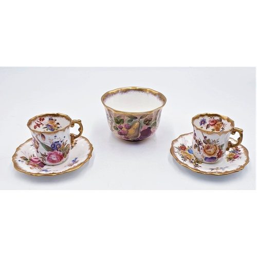 661 - HAMMERSLEY CHINA CUPS & SAUCERS (2) IN THE DRESDEN SPRAY DESIGN Plus GILT FRUIT BOWL (All Hand Paint... 