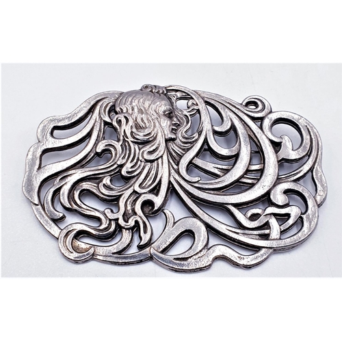 67 - WHITE METAL Large 8cm x 5cm ART NOUVEAU SCARF BROOCH