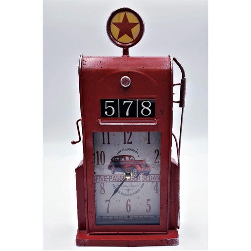 68 - METAL 36cm x 17cm CLOCK FASHIONED AS A PETROL PUMP