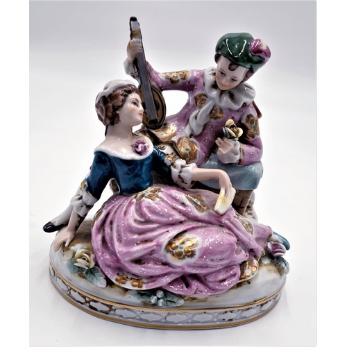 182 - DRESDEN CHINA 14.5cm CHARACTER FIGURINE OF A BOY And GIRL With FLOWER & UKELELE (At Fault)