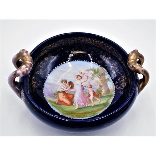 256 - ROYAL VIENNA PORCELAIN 21cm Dia BOWL With GILT/COBALT BLUE  DECORATION And PAINTED INTERIOR  Signed