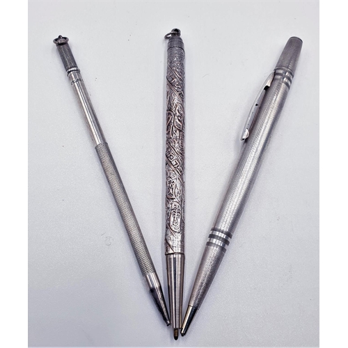 57 - STERLING SILVER (Hallmarked) PENCILS (2) TOGETHER WITH A MIDDLE EASTERN WHITE METAL PEN With ASIAN S... 