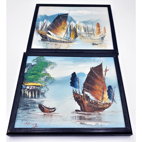 654 - OIL ON BOARDS (Pair) OF ORIENTAL BOAT SCENES  Signed