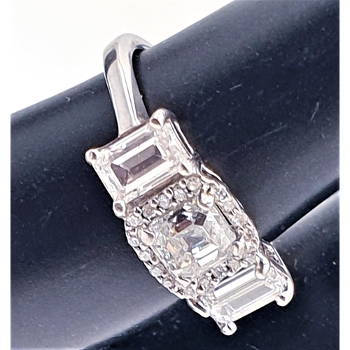 671 - 18ct WHITE GOLD RING With CENTRAL 0.90ct ASSCHER CUT DIAMOND SURROUNDED BY A DIAMOND HALO ALONG WITH... 