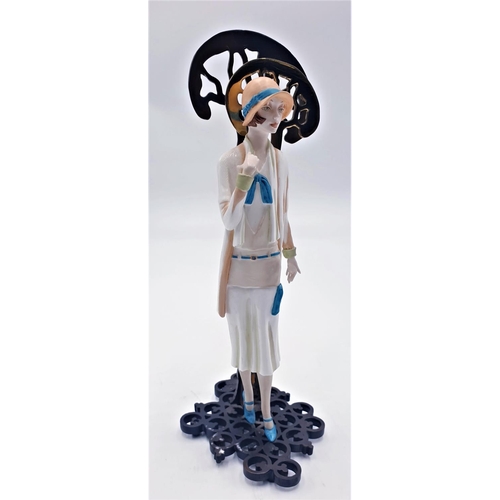 755 - ALBANY WORCESTER PORCELAIN 19cm ART DECO CHARACTER FIGURINE  ON BRONZE & BRASS STAND