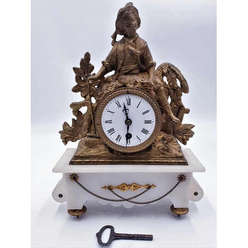 673 - BRASS FIGURAL 25cm x 32cm  MANTLE CLOCK ON A ONYX / MARBLE ? BASE With Key & Pendulum (Needs Glass O... 