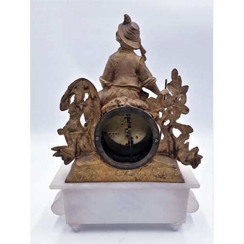 673 - BRASS FIGURAL 25cm x 32cm  MANTLE CLOCK ON A ONYX / MARBLE ? BASE With Key & Pendulum (Needs Glass O... 