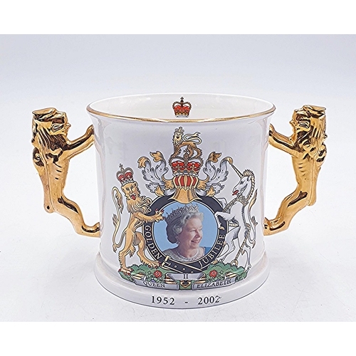 810 - CHINA Extra Large 13cm TWIN GILT LION HANDLED LOVING CUP (HRH QUEEN ELIZABETH II---1952/2002)