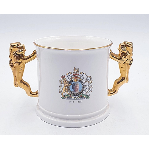 810 - CHINA Extra Large 13cm TWIN GILT LION HANDLED LOVING CUP (HRH QUEEN ELIZABETH II---1952/2002)