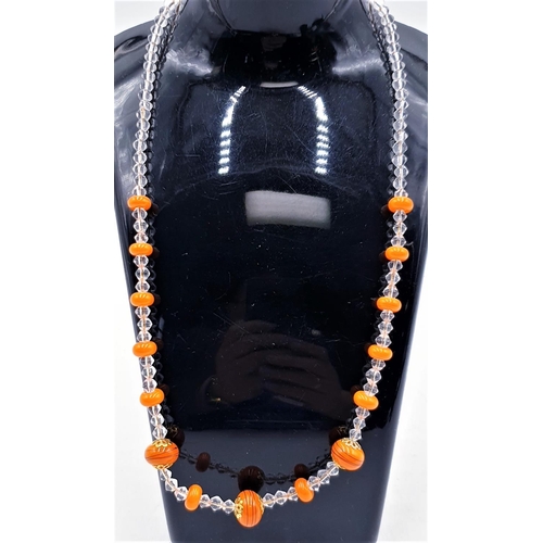 833 - RETRO ORANGE/CLEAR GLASS BEADED NECKLACE