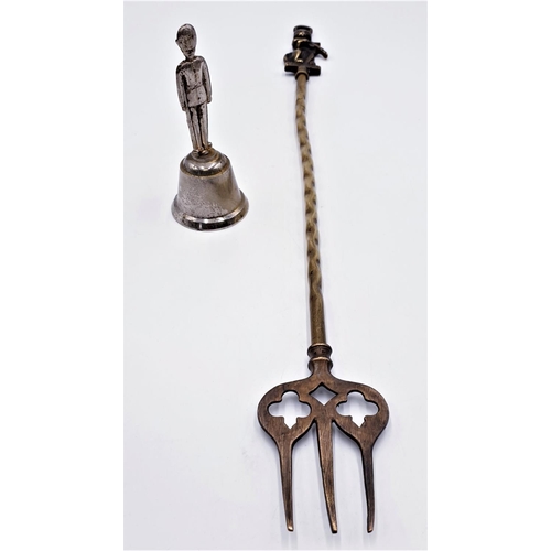 113 - BRASS CAT & FIDDLE TOASTING FORK TOGETHER WITH  BRASS SOLDIER BELL