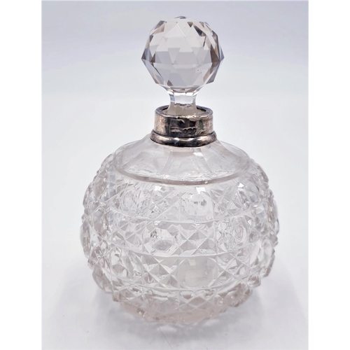 121 - SILVER COLLARED VICTORIAN CUT GLASS SCENT BOTTLE (Stopper Is Chipped)