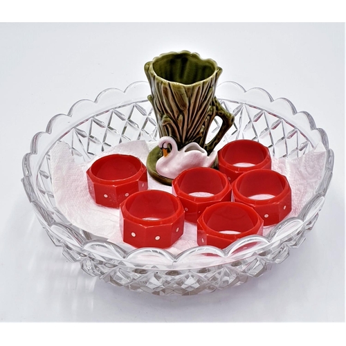 136 - GLASS SHALLOW BOWL Plus SYLVAC POSY VASE With SWAN Model No 4385 Plus BAKELITE RED /WHITE SPOTTED NA... 