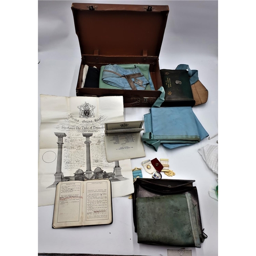 143 - MASONIC CASE CONTAINING A Qty Of REGALIA ,BOOKS,APRONS c1919 (Certificate)  (Rare)