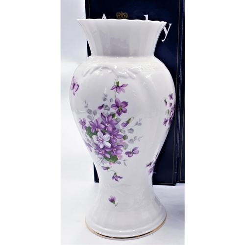 313 - AYNSLEY CHINA Large 25.5cm VASE IN THE ENGLISH VIOLETS DESIGN (Original Box)