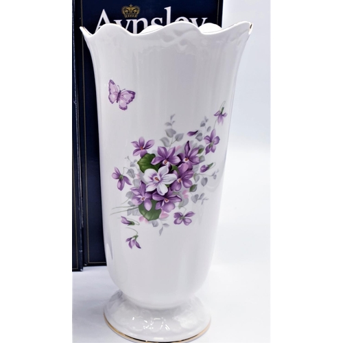 314 - AYNSLEY CHINA Large 25.5cm VASE IN THE ENGLISH VIOLETS DESIGN (Original Box)