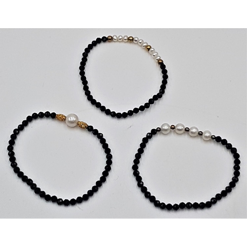 725 - BLACK SPINAL And KAORI CULTERED PEARL GOLD ON STERLING SILVER ELASTICATED SET OF THREE BRACELETS (Li... 