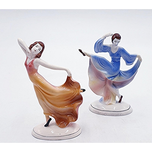 806 - ART DECO 12cm FIGURINE IN BLUE DRESS Plus ART DECO 12cm FIGURINE IN ORANGE DRESS (Both With Faults)