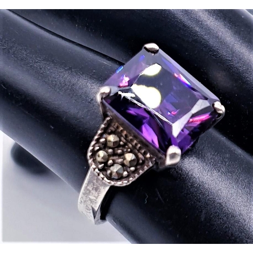 180 - STERLING SILVER (925) MARCASITE & PURPLE STONE SET LADIES RING (Size P/Q,Total Weight 6.2 Grams)