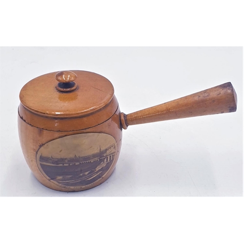 1 - MAUCHLINE WARE THIMBLE HOLDER And PIN CUSHION FASHIONED AS A LIDDED SAUCEPAN 