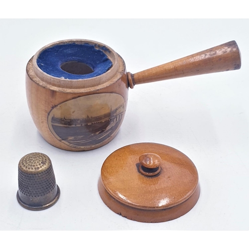 1 - MAUCHLINE WARE THIMBLE HOLDER And PIN CUSHION FASHIONED AS A LIDDED SAUCEPAN 