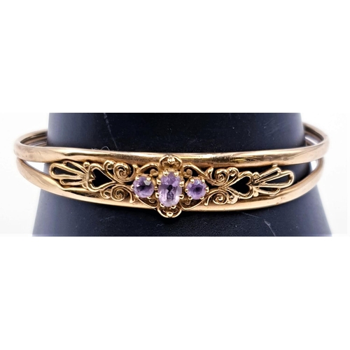 197 - 9ct GOLD (375) / AMETHYST STONE SET BANGLE (Total Weight 6.4 Grams)