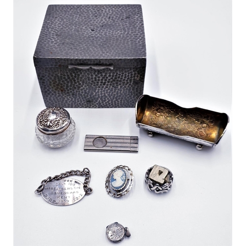 22 - PEWTER BOX By Makers Walker & Hall PLUS CONTENTS Including SILVER CELTIC RING , Etc