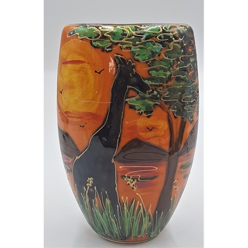 234 - ANITA HARRIS ART POTTERY 19cm SAVANNA /ENAMEL TRIANGULAR VASE Signed In Gold By Anita Harris