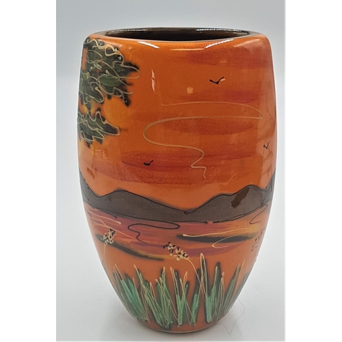 234 - ANITA HARRIS ART POTTERY 19cm SAVANNA /ENAMEL TRIANGULAR VASE Signed In Gold By Anita Harris