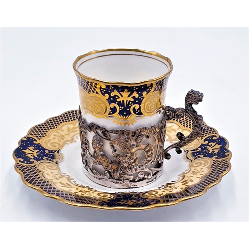 271 - AYNSLEY CHINA /GILDED DEMITASSE COFFEE CAN & SAUCER IN A VERY ELABORATE SILVER  HOLDER (Hallmarked F... 