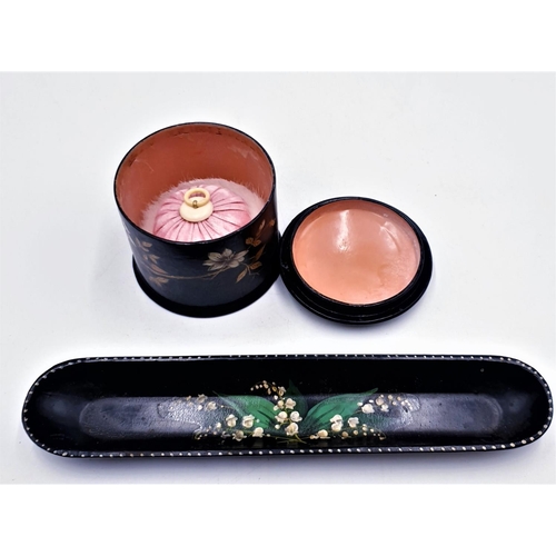 324 - JAPANESE SHIBIAMA PAPIER MACHE 6cm POWDER BOX (Puff Inside) TOGETHER WITH A (Hand Painted) PEN TRAY