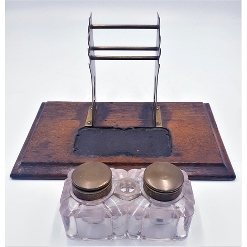 479 - WOODEN & BRASS DESK TIDY With INKWELLS & PEN STAND