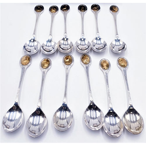 581 - SILVER (Full Set Of Twelve) JOHN PINCHES R.S.P.B. BIRD SPOONS c1975 (Total Weight 330 Grams)