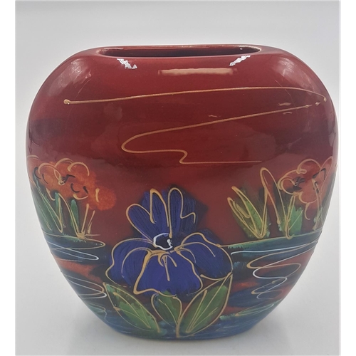 693 - ANITA HARRIS ART POTTERY 12cm PURSE VASE IN THE BEEBROOK FLOWERS & BULLRUSH DESIGN  Signed In Gold B... 