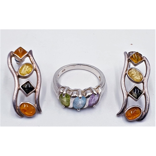 757 - SILVER / MULTI JEWELLED RING (Size Q Total Weight 5.05 Grams) Plus SILVER / MULTI JEWELLED EARRINGS